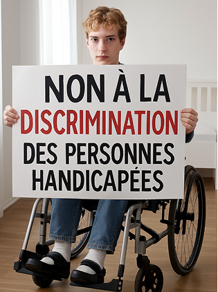 Une personne handicapée qui tient une affiche écrite : "Non à la discrimination des personnes handicapées